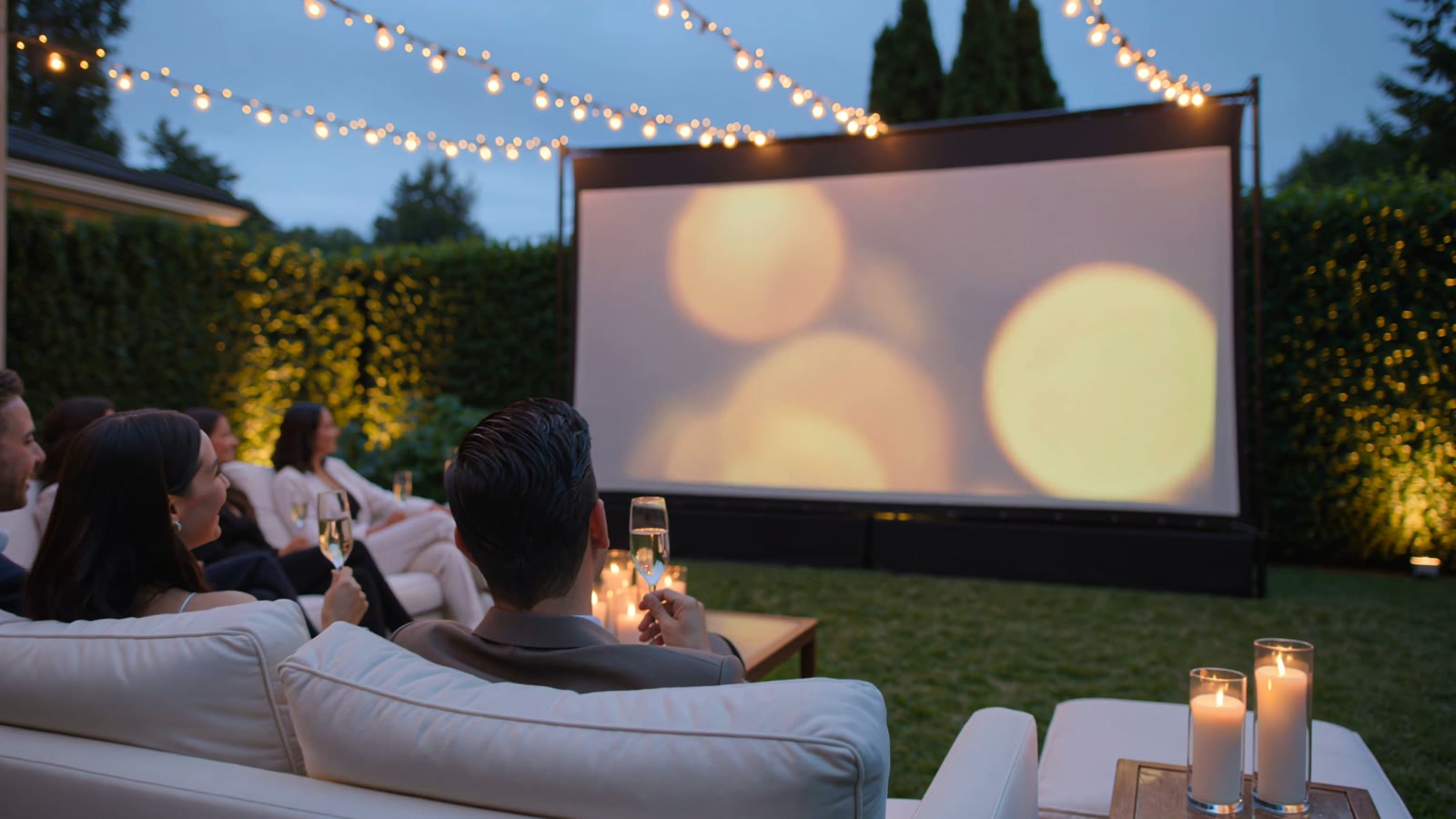 Cinéma de plein air premium : grand écran projeté dans un jardin au crépuscule