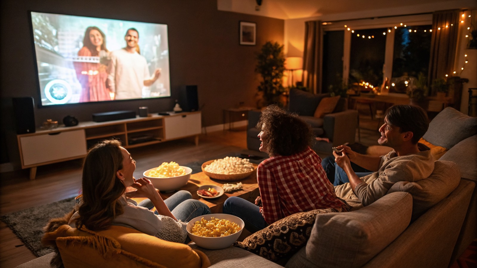 Soirée film en famille et entre amis dans un salon