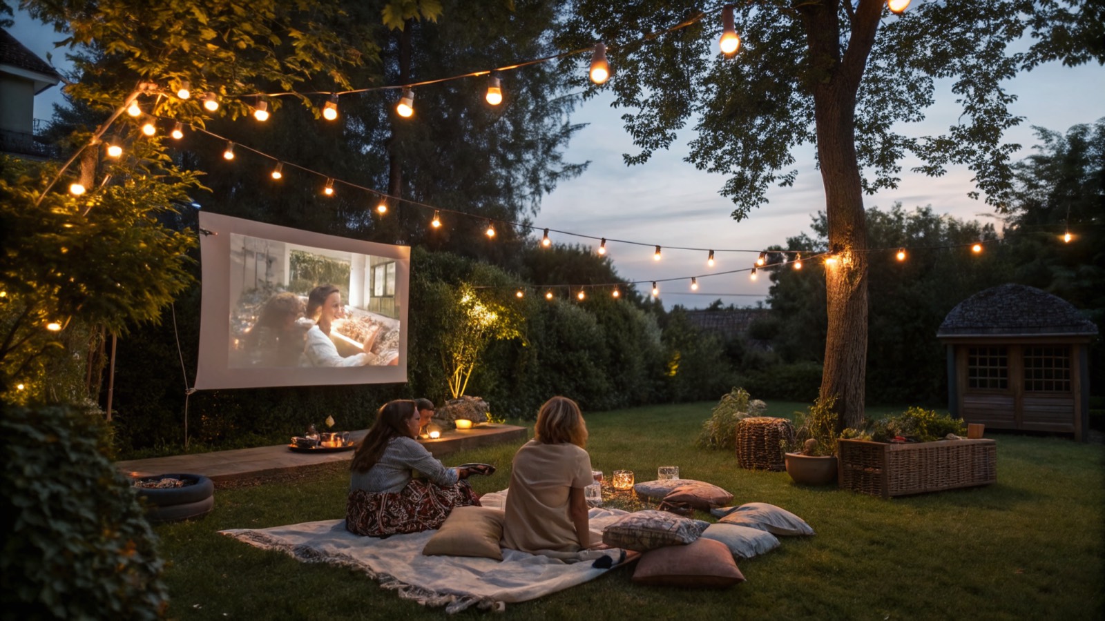 Soirée cinéma en plein air dans un jardin